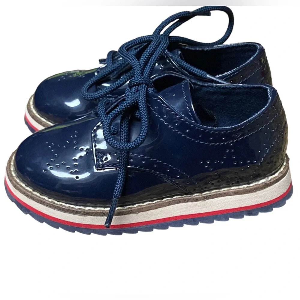 High End ZARA Baby Size 22 Blue Patent Leather Wingtip Dress Shoes 6
